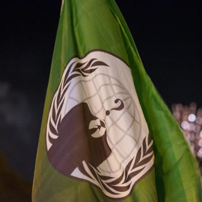 Anonymous ryhmän logo lipussa.