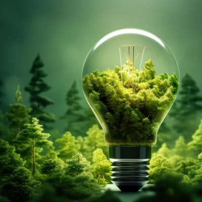 En grafisk frramställning av en glödlampa mot en grön skog, med växtlighet inuti lampan.