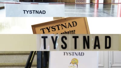 Bildcollage med fyra skyltar där det står "TYSTNAD".