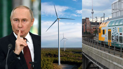 Vladimir Putin, ett vindkraftverk och ett lokaltåg i Berlin