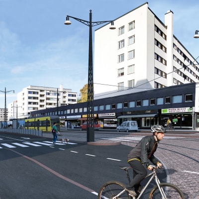 En visualisering av hur Tavastgatan i Åbo skulle se ut med spårvägar och spårvagnar. 