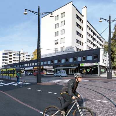 En visualisering av hur Tavastgatan i Åbo skulle se ut med spårvägar och spårvagnar. 
