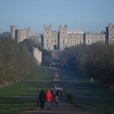 Slottet Windsor Castle och människor som går längs en trädkantad väg mot slottet.