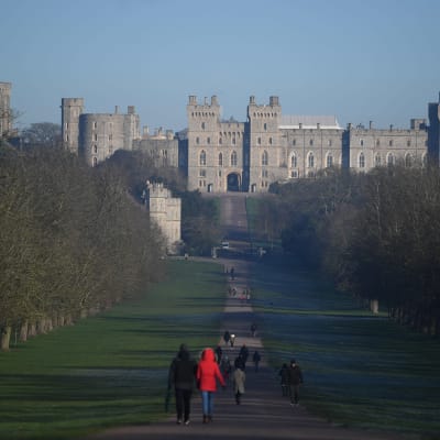 Slottet Windsor Castle och människor som går längs en trädkantad väg mot slottet.