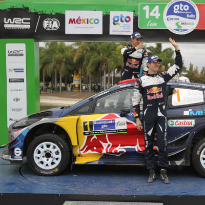 Sebastien Ogier (t.h.) med sin Ford Fiesta på ett podium.