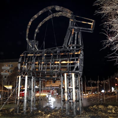 Gävlebocken brann upp endast några timmar efter den högtidliga invigningen. Halmbocken fyllde 50 år på söndagen.