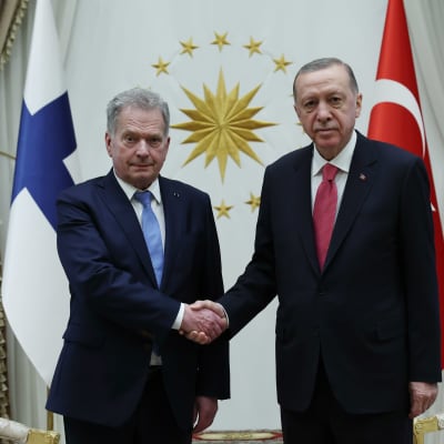 Presidentti Sauli Niinistön ja Turkin presidentin, Recep Tayyip Erdoğanin kättely Ankarassa, 17.3.2023