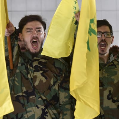 Nuoria  Hizbollahin sotilaita vihreissä univormuissa huutaa, käsissä Hizbollahin keltaiset liput.