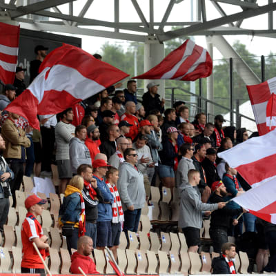 HIFK:s hejarklack viftar med flaggor.