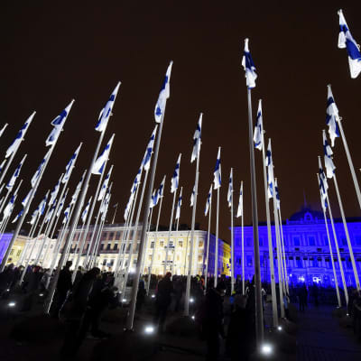 Hundra Finlands flaggor vid Salutorget i Helsingfors.