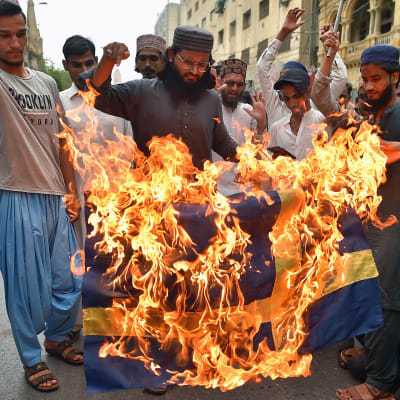 Demonstranter i Karach, Pakistan, bränner Sveriges flagga som protest mot koranbränningar.