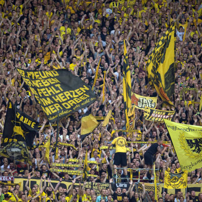 Dortmundsupportrar viftar med flaggor 2015.