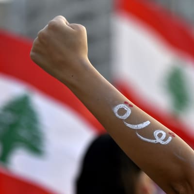 Nyrkkiin puristunut käsi. Taustalla Libanonin lippu.