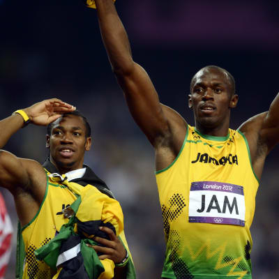 Usain Bolt och Yohan Blake firar OS-guld efter världsrekordlopp