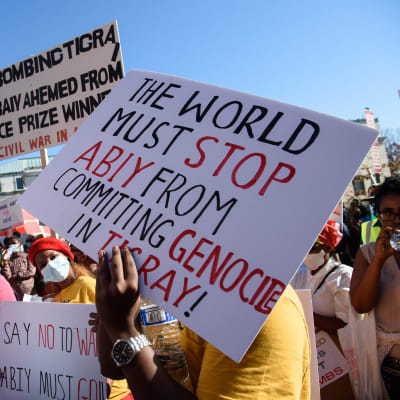 Demonstranter utanför USA:s utrikesministerium i Washington vädjade i måndags om att premiärminister Abiys "folkmord" i Tigray ska stoppas.