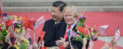Kinas president Xi Jinping och USA:s president Donald Trump under välkomstceremonin i Peking.