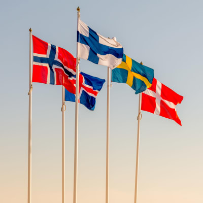 De fem nordiska ländernas flaggor.