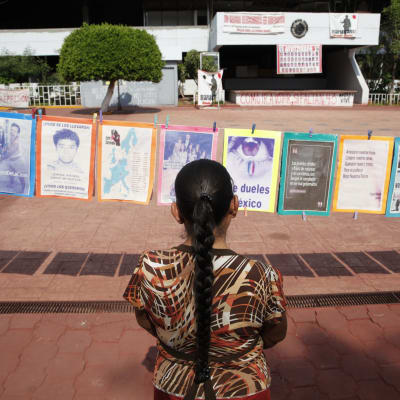 Kvinna tittar på bilder av de 43 studeranden som försvann i delstaten Guerrero i Mexico.