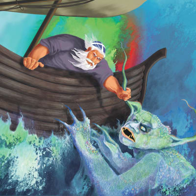 Maalauksessa veneessä oleva mies pitää vedestä nousevaa hirviötä päästä.