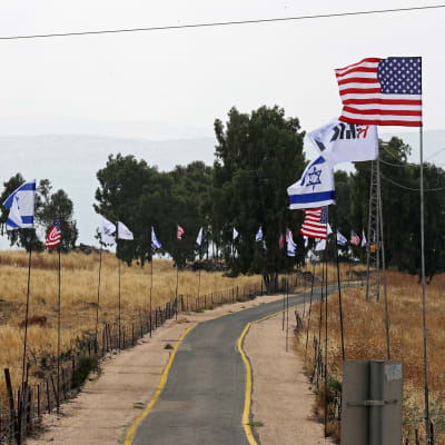Amerikanska och Israeliska flaggor i Israels judiska koloni.