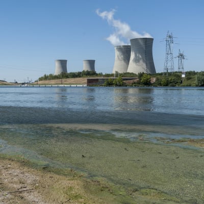 Dampierre en Burlyn ydinvoimalan höyryäviä lauhduttimia. Etualalla näkyy Loirejoki, jonka rantaviiva on vetäytynyt kuivuuden takia.