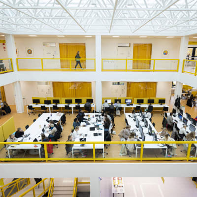 Opiskelijoita Jyväskylän yliopiston kirjastorakennuksessa.