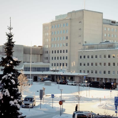 Vaasan keskussairaalan päärakennus auringonvalossa, etualalla lumen peittämiä puiden latvoja.