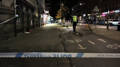 Polistejp avspärrar gata i Malmö, polis och vapenhund genomsöker området.