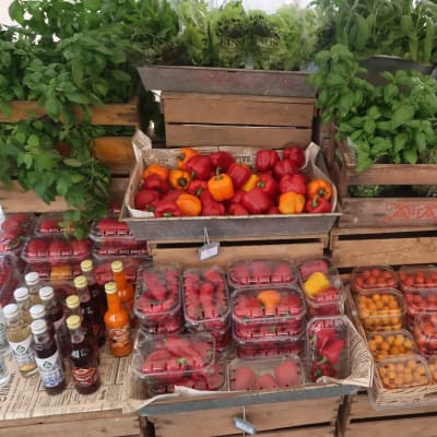 Tomater, paprika och gröna örter i gammaldags trälådor prydligt uppradade i ett marknadsstånd.
