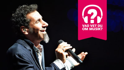 Serj Tankian sjunger i en mikrofon som han håller i handen.