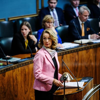 Tytti Tuppurainen puhuu eduskunnassa 16. toukokuuta.