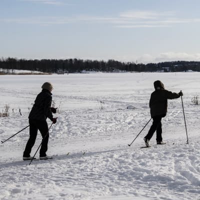 Helsingin Toukolan rantapuistossa hiihdeltiin joukolla helmikuun 2021 alussa.
