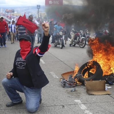 Demonstration i Tegucigalpa. Man står på knä framför brinnande bildäck.