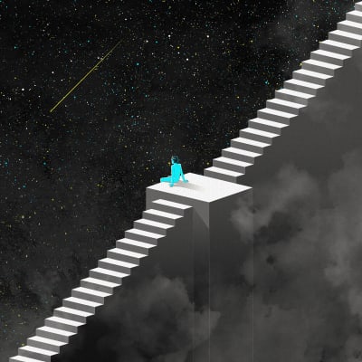 Piirroskuva: sininen ihmishahmo istuu pitkillä portailla avaruuden ympäröimänä ja katsoo tähdenlentoa.