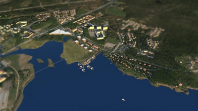 På bilden syns en skiss över hur bostadsområdet Drottningstranden kan se ut. Till vänster finns en stor aktivitetshall, i mitten ett grönområde och till höger bostäder.