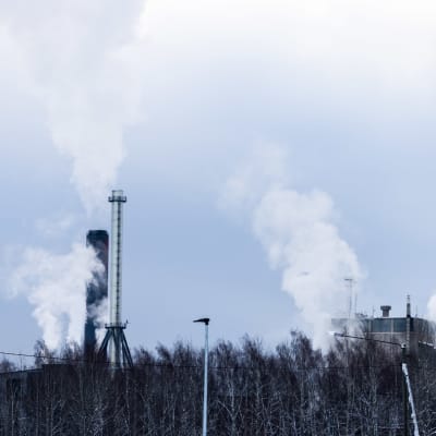 Fortums kraftverk i Finno i Esbo. I bilden syns rök som stiger från skorstenar.