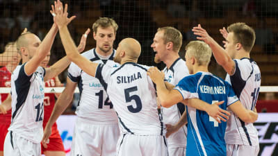 Finlands volleybollslandslag firar i volleybolls-VM i Polen 2014.