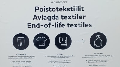Informationstavla om hur man sorterar avlagda textilier