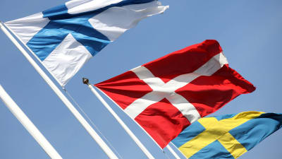 den finska, danska och svenska flaggan i hård blåst