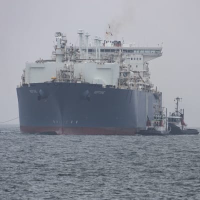 Valtava LNG-alus (283 metriä pitkä) lipuu satamaan, kaksi pienempää alusta saattelee sitä. Etualalla pipopäinen mies kuvaa aluksen saapumista sumuisella säällä.
