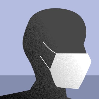 grafisk bild av sjukhusingång och patient med mask