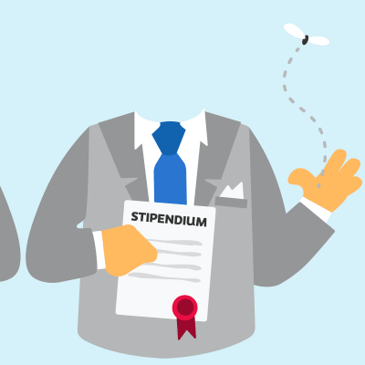 Illustration av två kostymklädda personer som har varsitt papper med texten "Stipendium" i ena handen, den ena personen har dessutom en pengabunt men den andra personen har bara en fluga som flyger iväg.