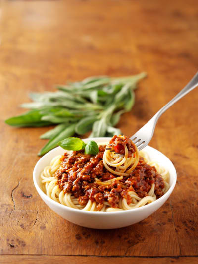 En tallrik spaghetti med quorn-tomatsås.