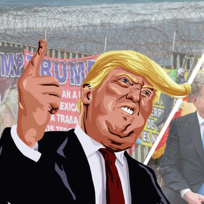 Grafik/bildmontage. I bakgrunden syns två bilder, en bild från muren mellan Mexiko och USA, den andra föreställer Sauli Niinistö och Donald Trump. I förgrunden karikatyr av Donald Trump.