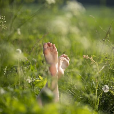 Paljaat jalat pystyssä kesäisellä niityllä.