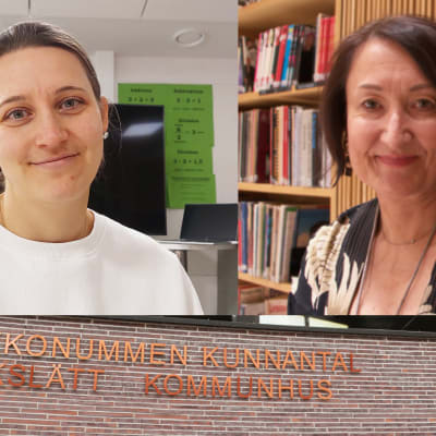 Två kvinnor med Kyrkslätt kommunhus bakom.