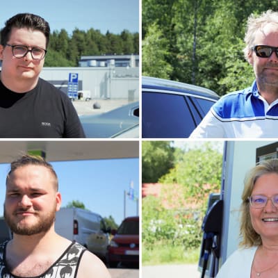 Ett kollage bestående av fyra porträtt tagna utomhus på parkeringar och bensinstationer.