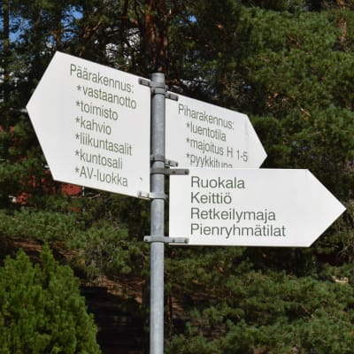 Nuorisokeskuksen kylttejä ulkona tolpassa Kannonkosken Piispalassa. 