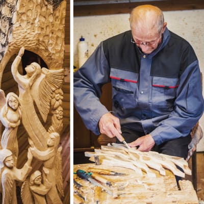Leo Karppanen snider detaljerade figurer av trä.