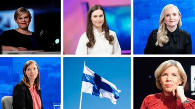 Collage av sex bilder. I bilderna syns Annika Saarikko, Sanna Marin, Maria Ohisalo, Li Andersson, Anna-Maja Henriksson och Finlands flagga.
